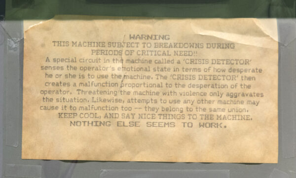 Warning message taped to Varian A-60 Proton NMR Console