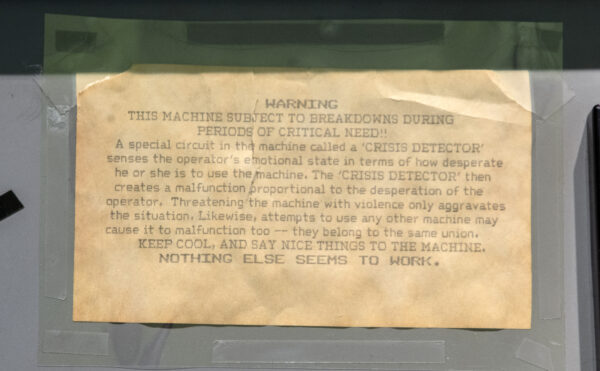 Warning message taped to Varian A-60 Proton NMR Console