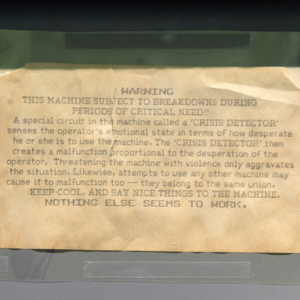 Warning message taped to Varian A-60 Proton NMR Console