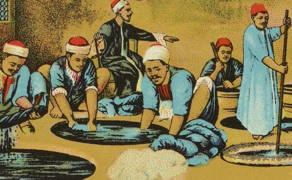 Badische Anilin & Soda-Fabrik dye label with indigo dye workers, ca. 1900.