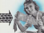 A woman holds a nylon stocking stretched between her two hands. To the left of the woman is a magnified image of knitted nylon thread from the stocking.