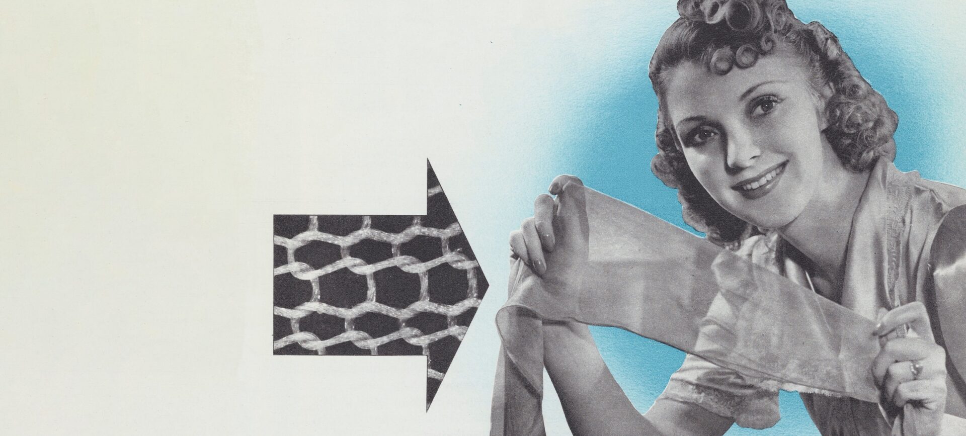 A woman holds a nylon stocking stretched between her two hands. To the left of the woman is a magnified image of knitted nylon thread from the stocking.