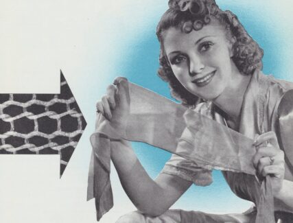 A woman holds a nylon stocking stretched between her two hands. To the left of the woman is a magnified image of knitted nylon thread from the stocking.