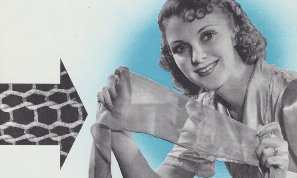 A woman holds a nylon stocking stretched between her two hands. To the left of the woman is a magnified image of knitted nylon thread from the stocking.