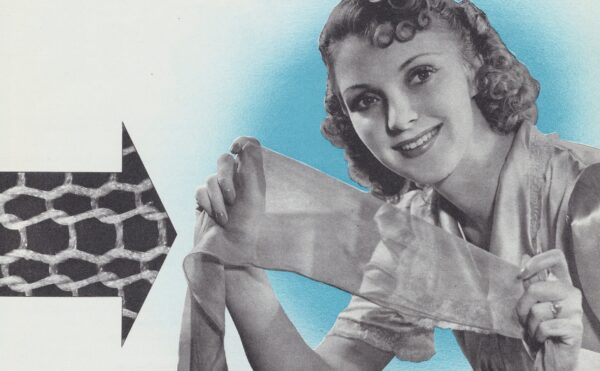 A woman holds a nylon stocking stretched between her two hands. To the left of the woman is a magnified image of knitted nylon thread from the stocking.