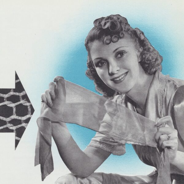 A woman holds a nylon stocking stretched between her two hands. To the left of the woman is a magnified image of knitted nylon thread from the stocking.