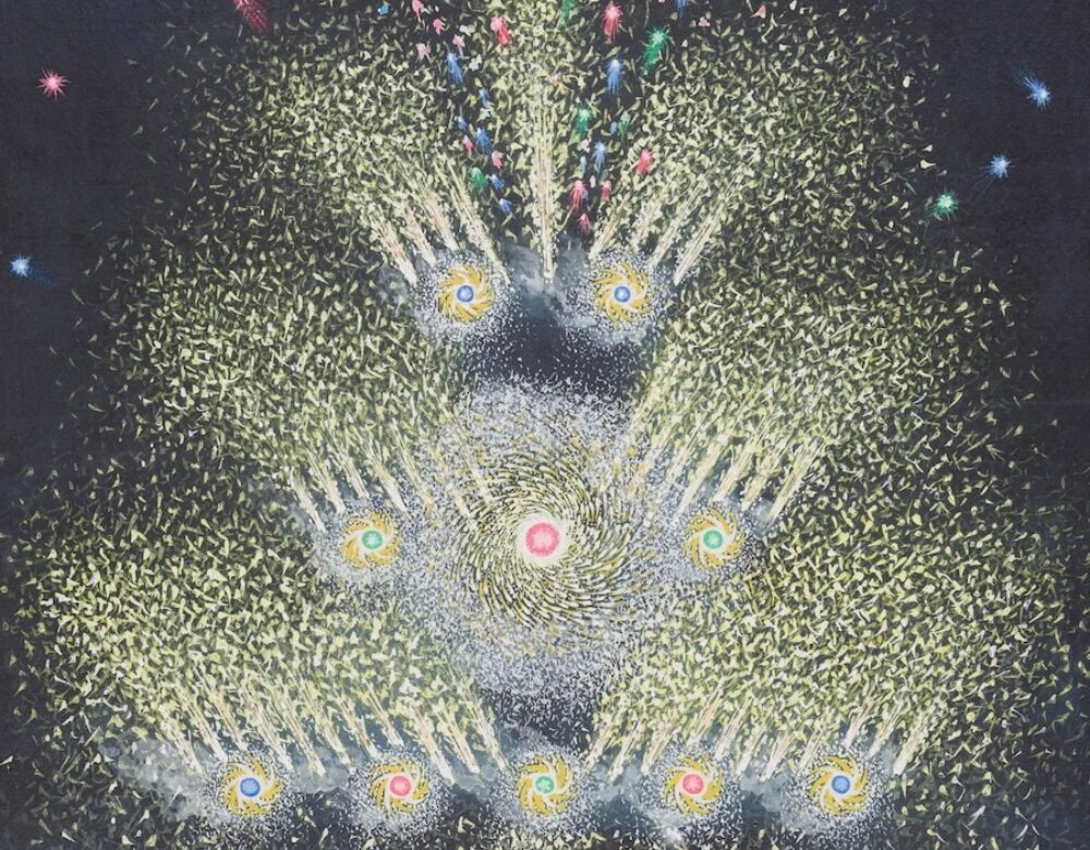 A colorful firework display with a person using a stick to ignite them, illustrating the history of fireworks.