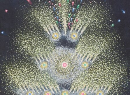 A colorful firework display with a person using a stick to ignite them, illustrating the history of fireworks.