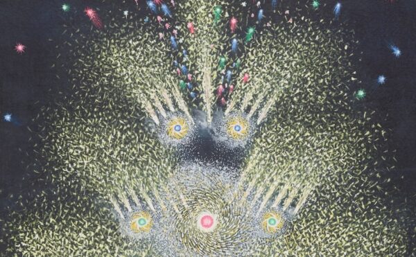 A colorful firework display with a person using a stick to ignite them, illustrating the history of fireworks.