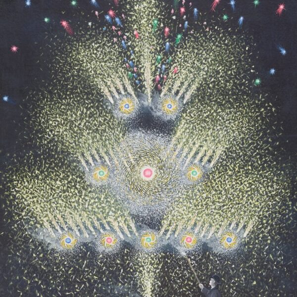 A colorful firework display with a person using a stick to ignite them, illustrating the history of fireworks.