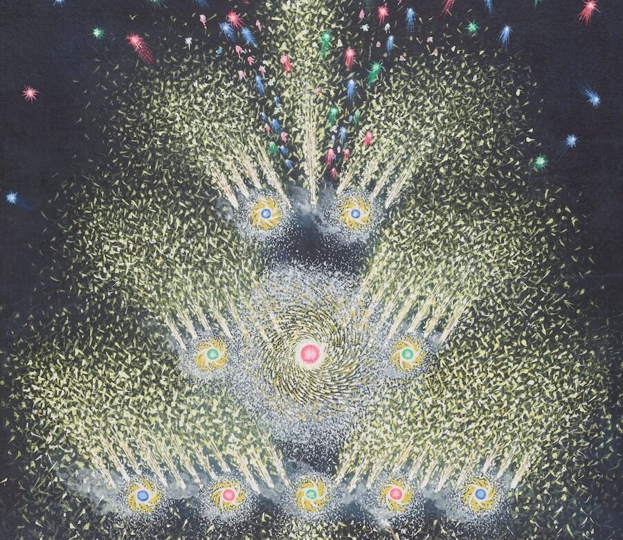 A colorful firework display with a person using a stick to ignite them, illustrating the history of fireworks.