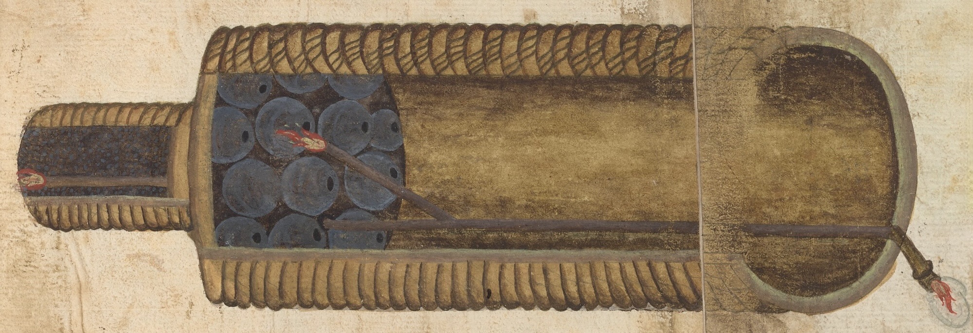 Ink drawing from a German manuscript on the art of firework making by pyrotechnician Andreas Räbel, 1671