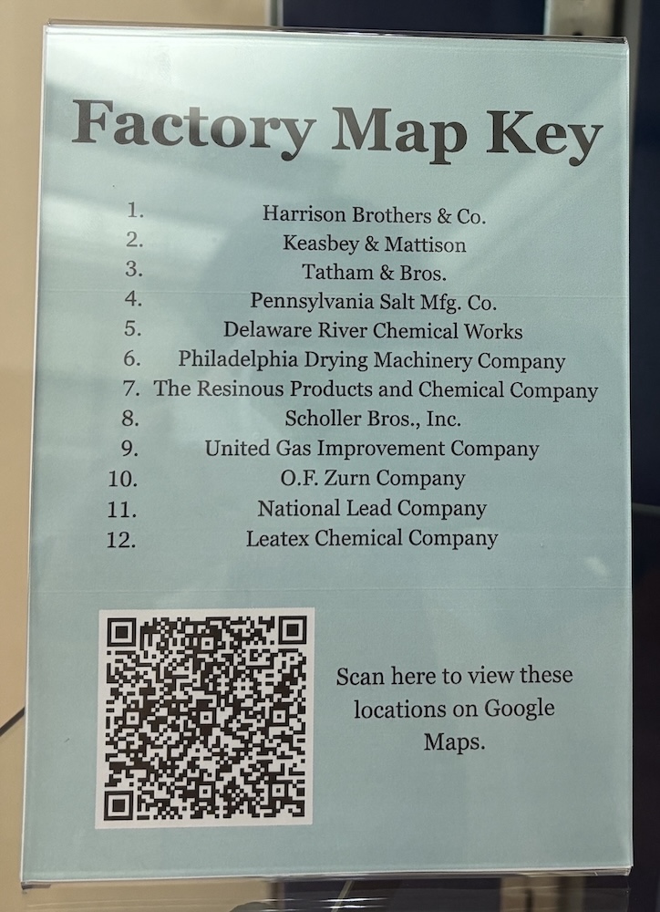 key to a map showing factory locations in Philadelphia