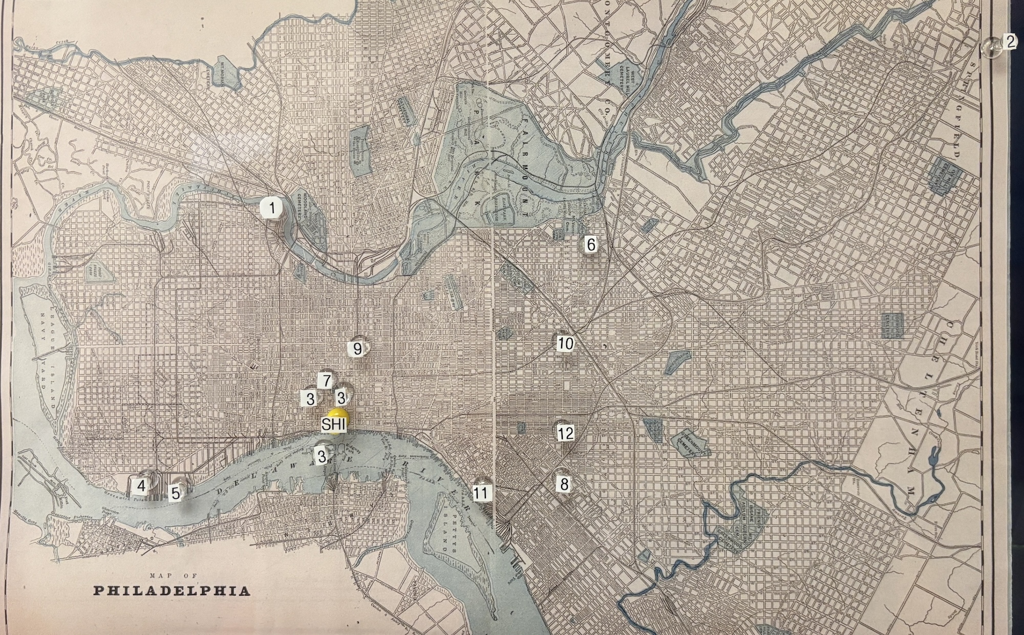 map of Philadelphia with numbered push pins
