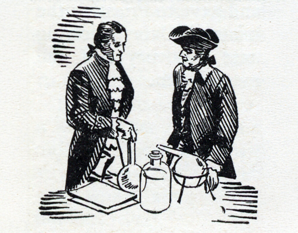 ink drawing of men with apparatus