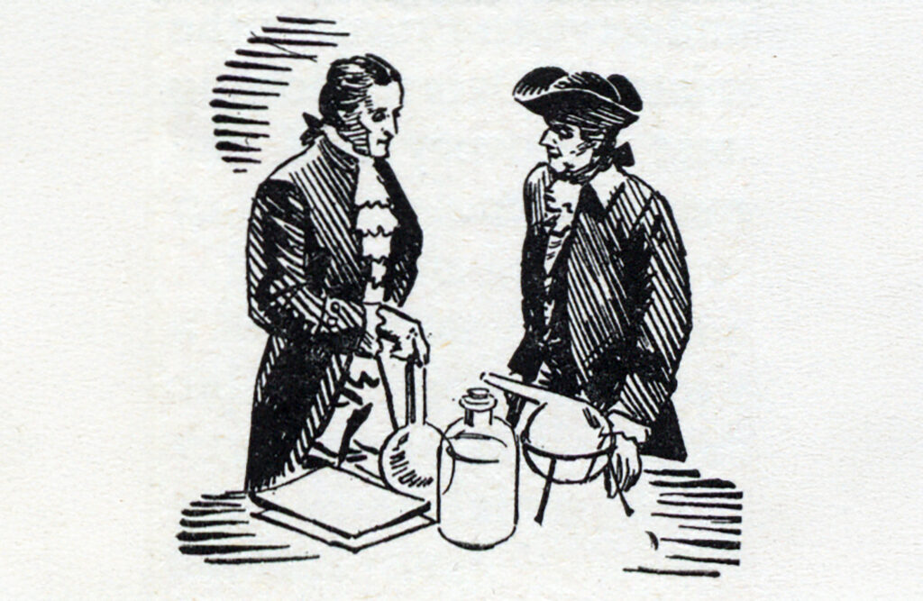 ink drawing of men with apparatus