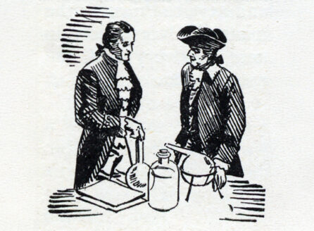 ink drawing of men with apparatus