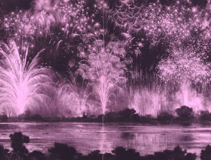 colorized printed plate of a fireworks display from the 1922 book Pyrotechnics: The History and Art of Firework Making