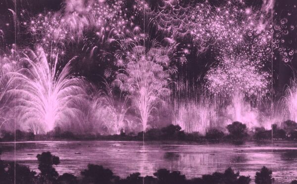 colorized printed plate of a fireworks display from the 1922 book Pyrotechnics: The History and Art of Firework Making