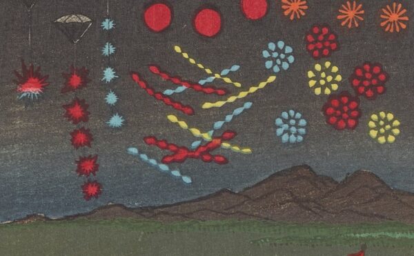 A vibrant illustration of fireworks in the night sky with a crowd watching below. Suitable for history of fireworks theme.
