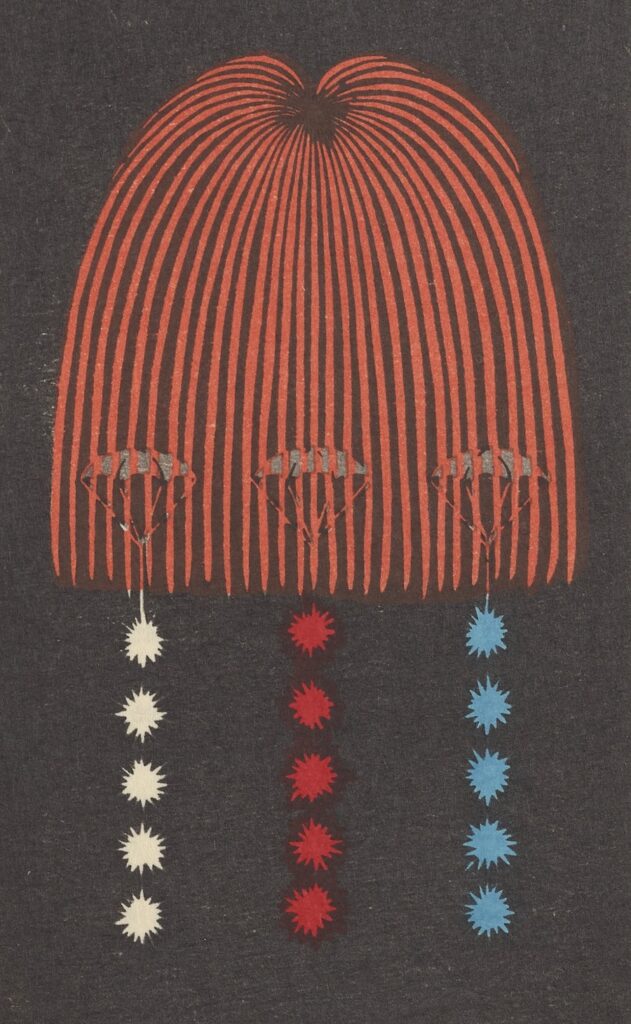 Colored print of a Japanese fireworks display by the Hirayama Fireworks Company