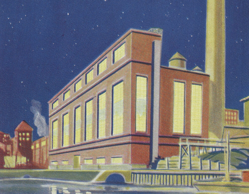 Color illustration of a power plant by the water at night