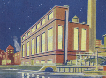 Color illustration of a power plant by the water at night