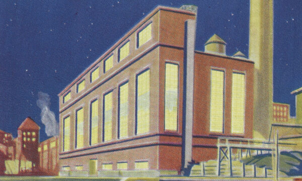 Color illustration of a power plant by the water at night