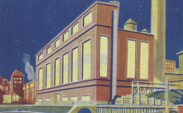 Color illustration of a power plant by the water at night