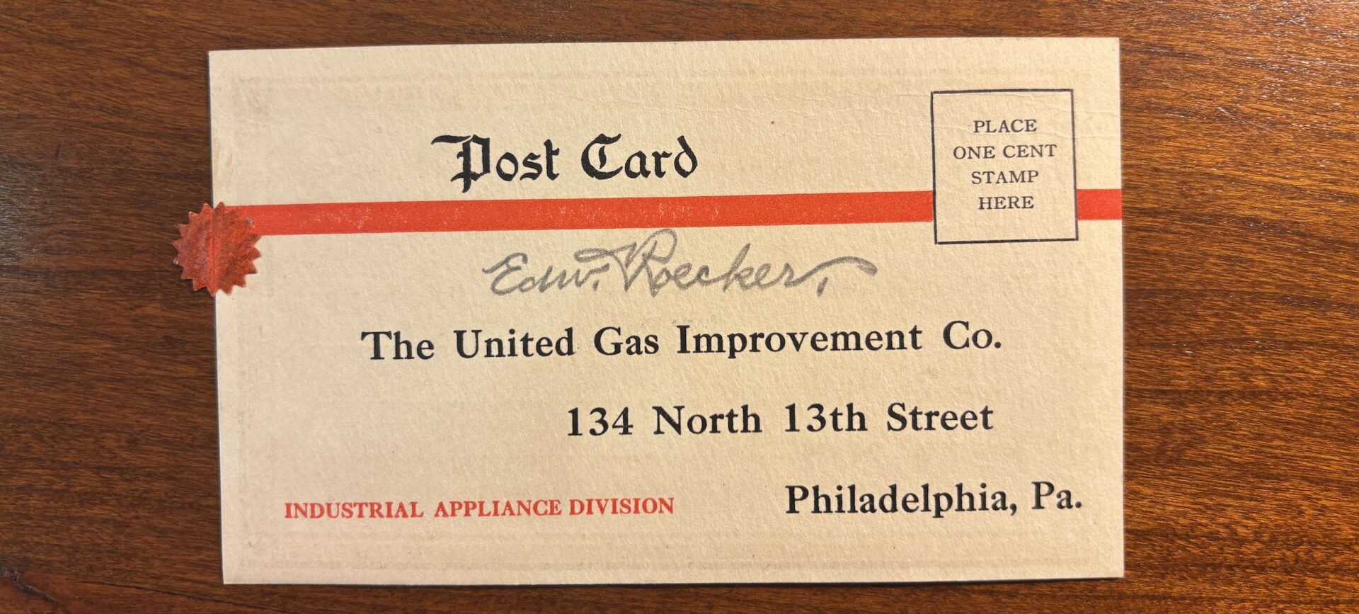 Postcard from the industrial appliance division of the United Gas Improvement Co.