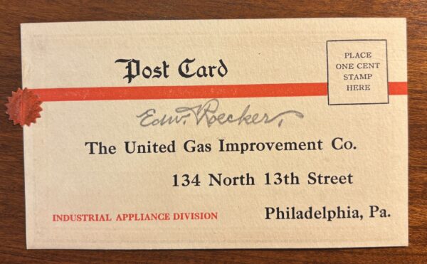 Postcard from the industrial appliance division of the United Gas Improvement Co.