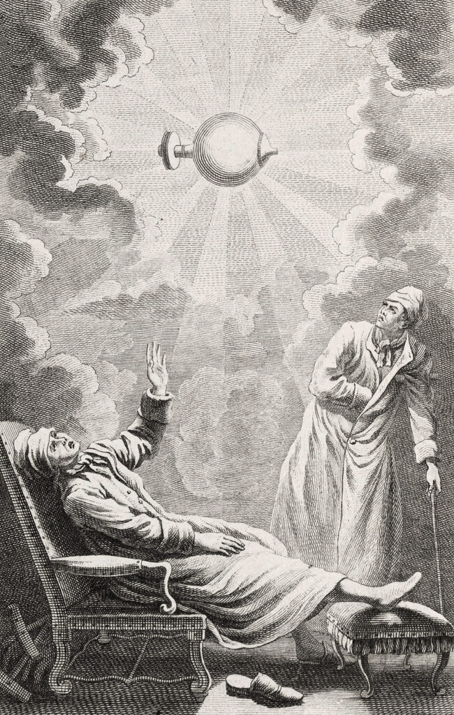 Illustration of two men experiencing electrical energy emanating from a device above them surrounded by clouds.