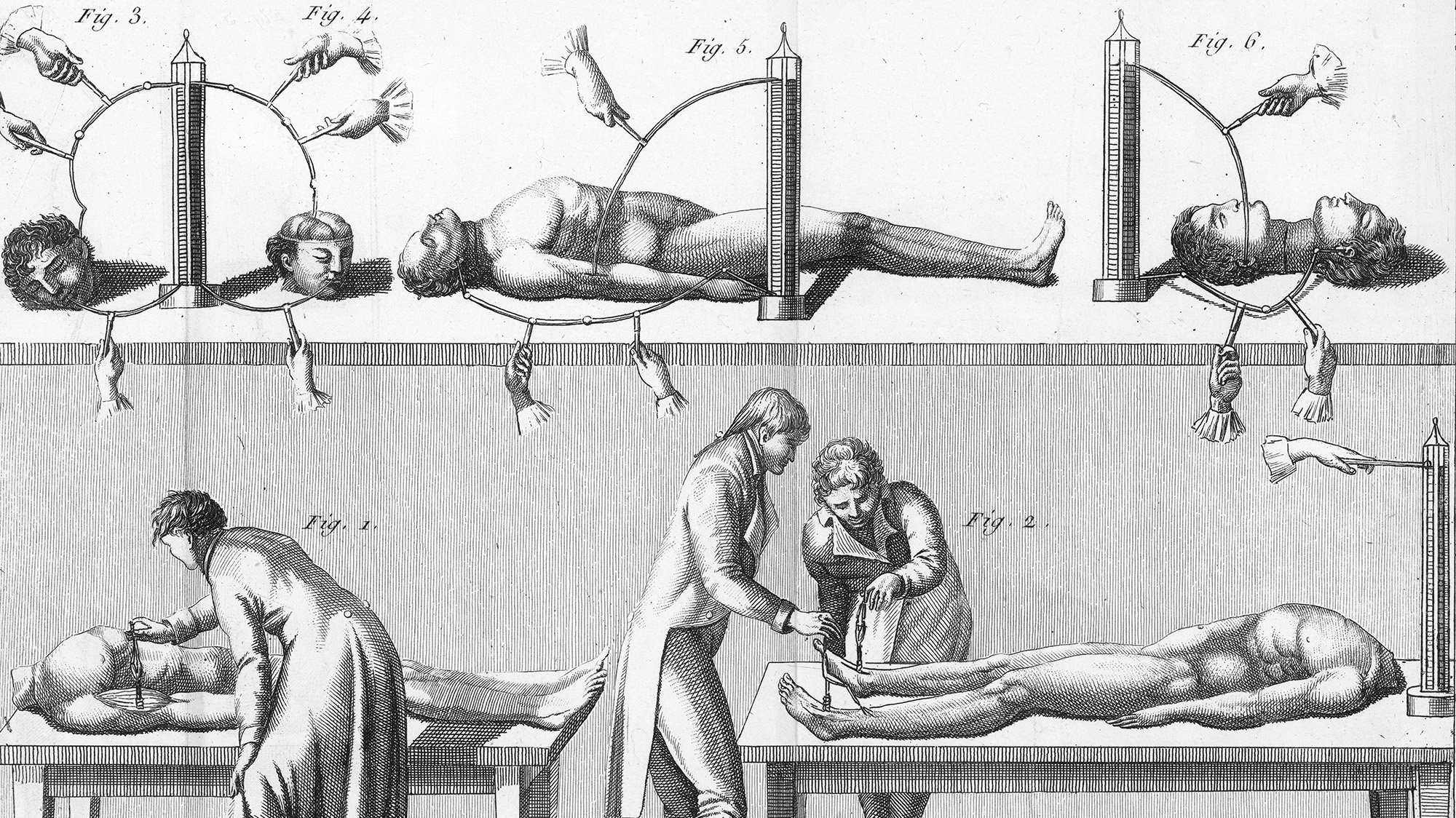 Engraving of scientists testing electrical equipment on human limbs, muscles, and heads on laboratory tables.