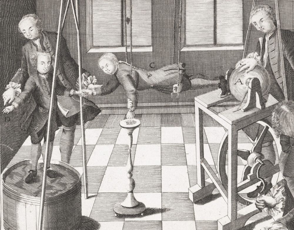 Illustration of a boy suspended by silk cords hanging from a ceiling while a man next him operates an electrostatic generator.