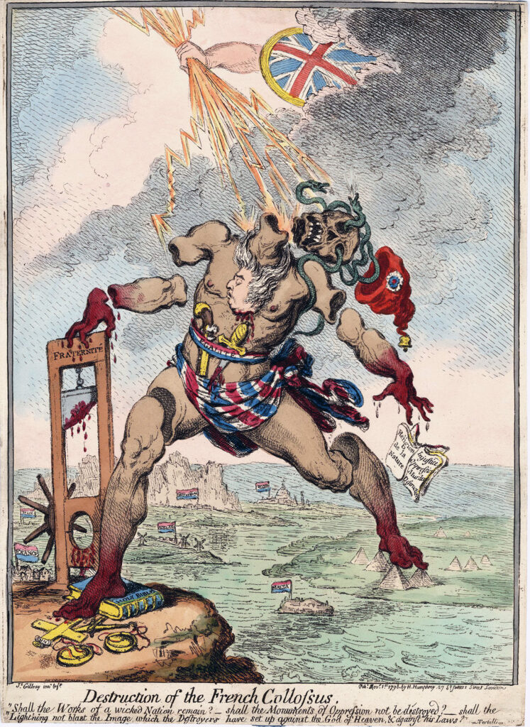 A decapitated and dismembered colossus (representing France) being struck by lightning from the sky (Great Britain)