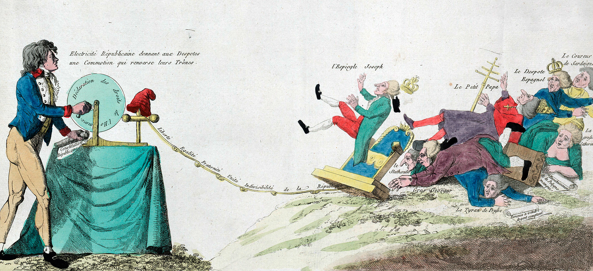 Illustration of a man operating an electrical generator that is causing a group of kings, queens, and religious leaders to fall.