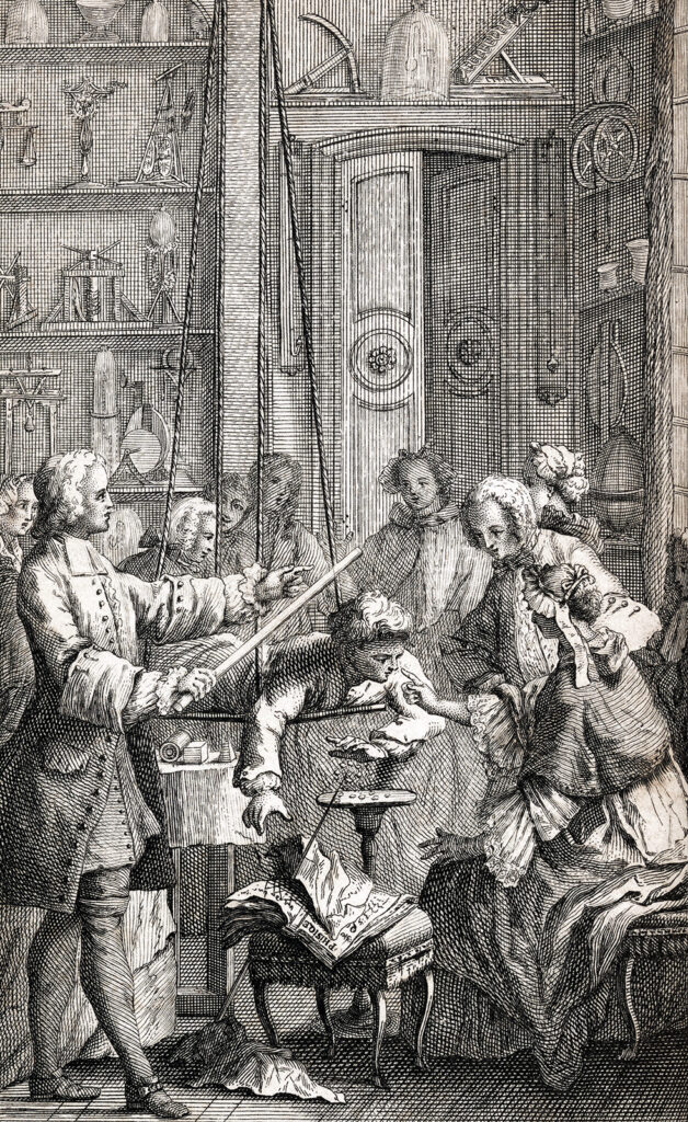 Illustration of a boy suspended from the ceiling surrounded by a crowd of onlookers. The boy is lifting pieces of metal using static electricity.