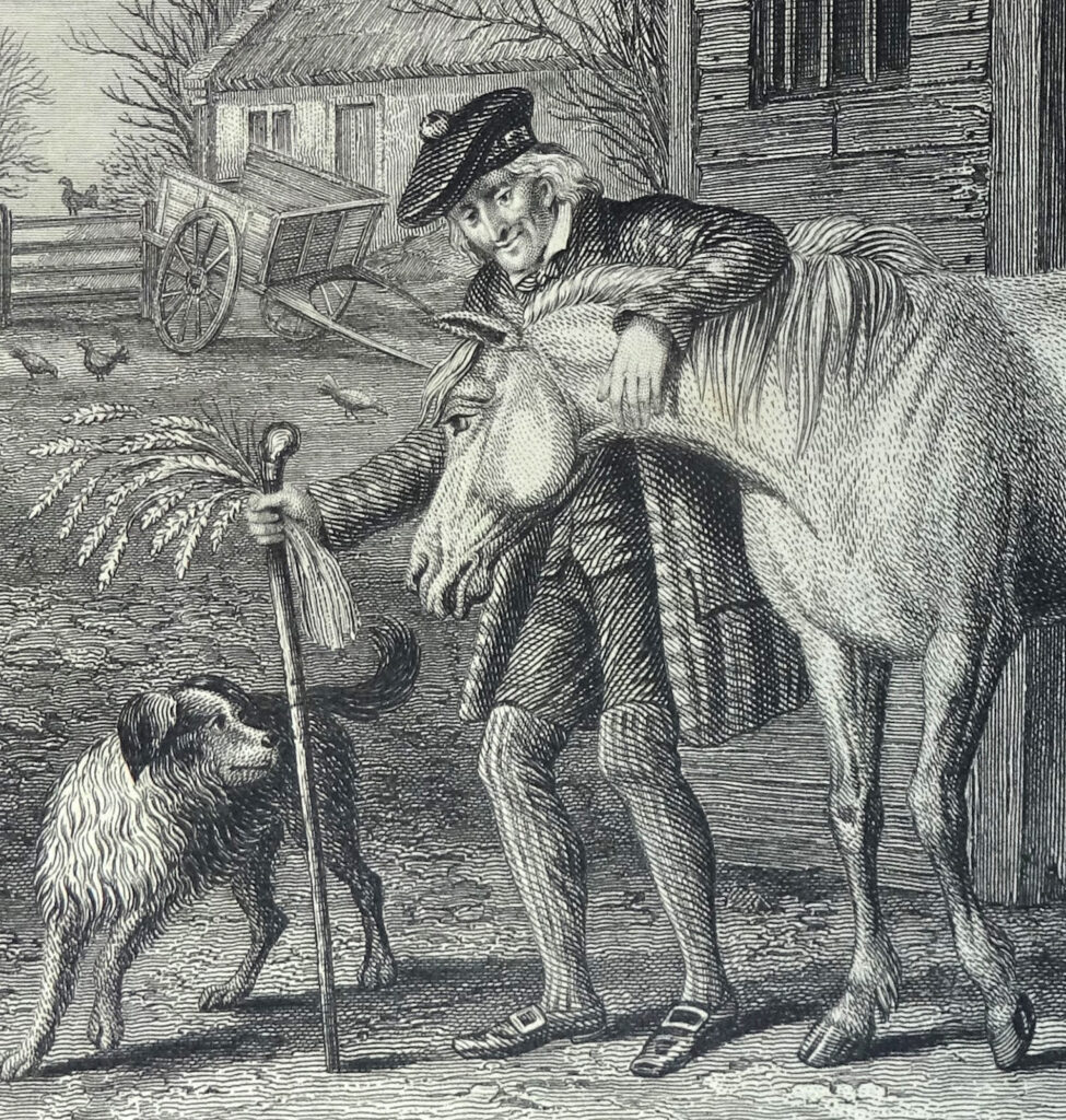 A farmer feeding oats to a horse outside a stable, with a dog at his feet