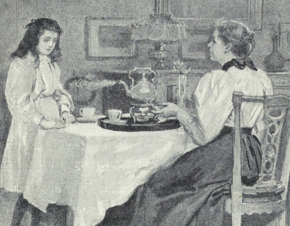 greyscale image of women drinking tea with caption, "Princess & Fairy, or, The Wonders of Nature