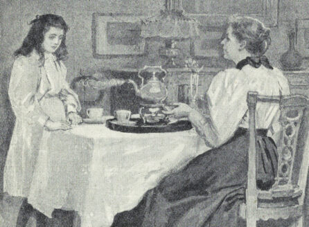 greyscale image of women drinking tea with caption, "Princess & Fairy, or, The Wonders of Nature
