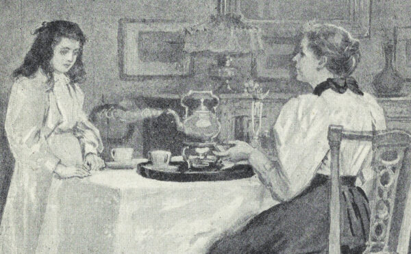greyscale image of women drinking tea with caption, "Princess & Fairy, or, The Wonders of Nature