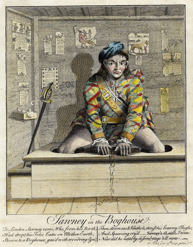 A man sitting in an outhouse with both legs in the toilet holes. Urine is running down the seat and onto the floor