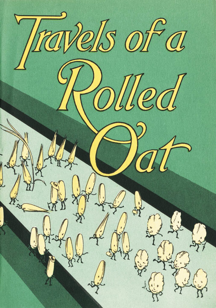 Book cover featuring an illustration of small anthropomorphic oats standing on a factory conveyer belt.