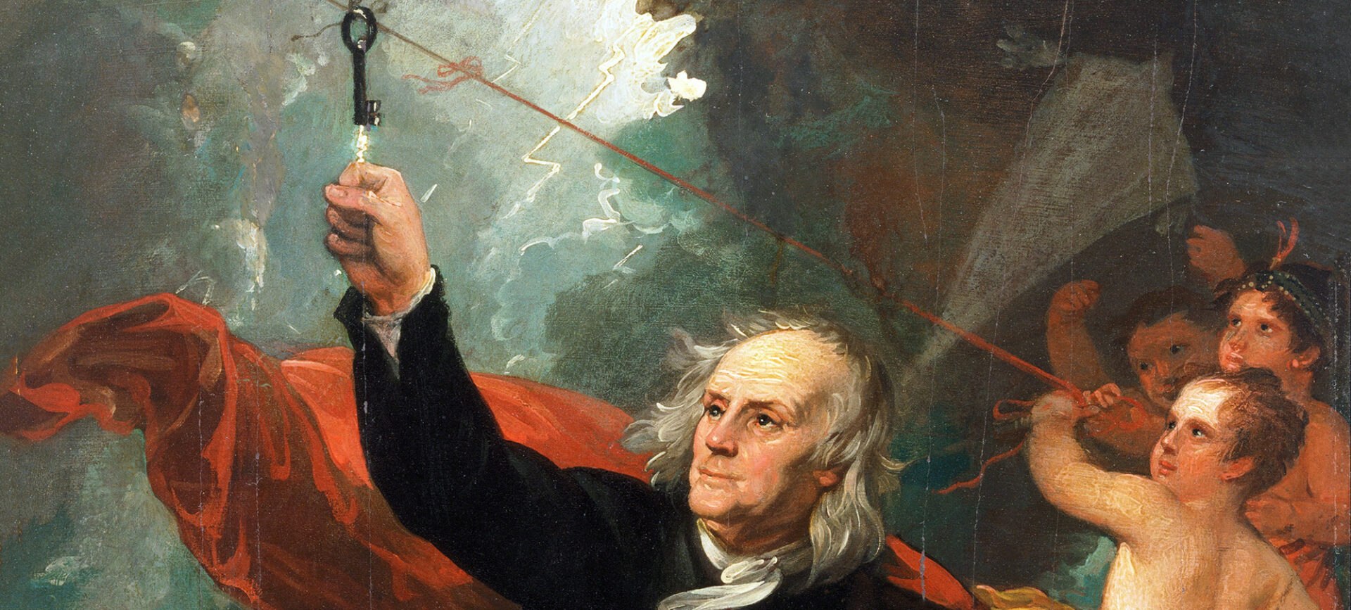 Painting of a man touching an electrified key on a kite string in a storm. The man is surrounded by cherub-looking creatures known as putti.