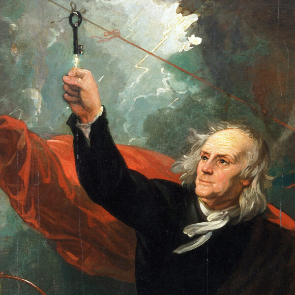 Painting of a man touching an electrified key on a kite string in a storm. The man is surrounded by cherub-looking creatures known as putti.