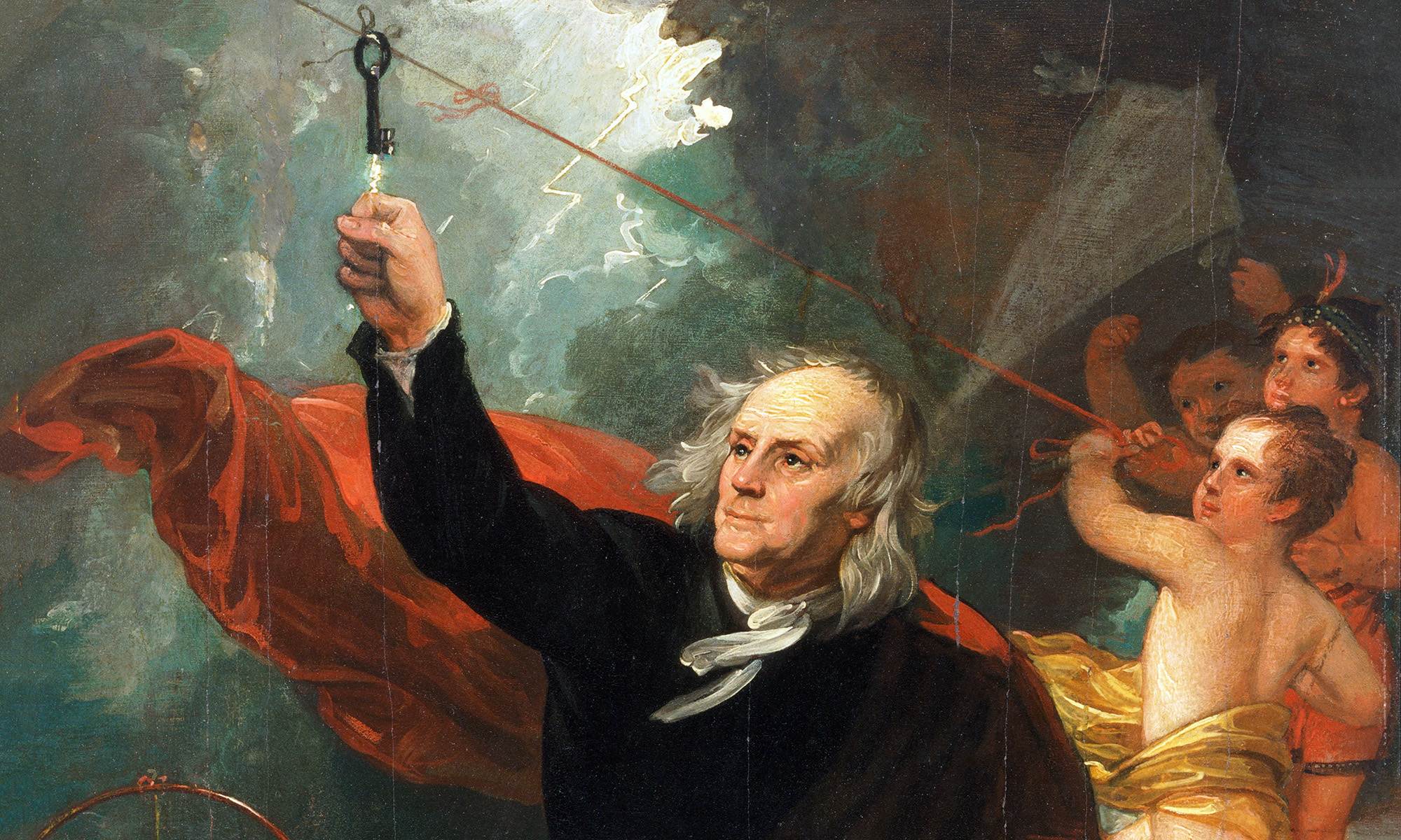 Painting of a man touching an electrified key on a kite string in a storm. The man is surrounded by cherub-looking creatures known as putti.