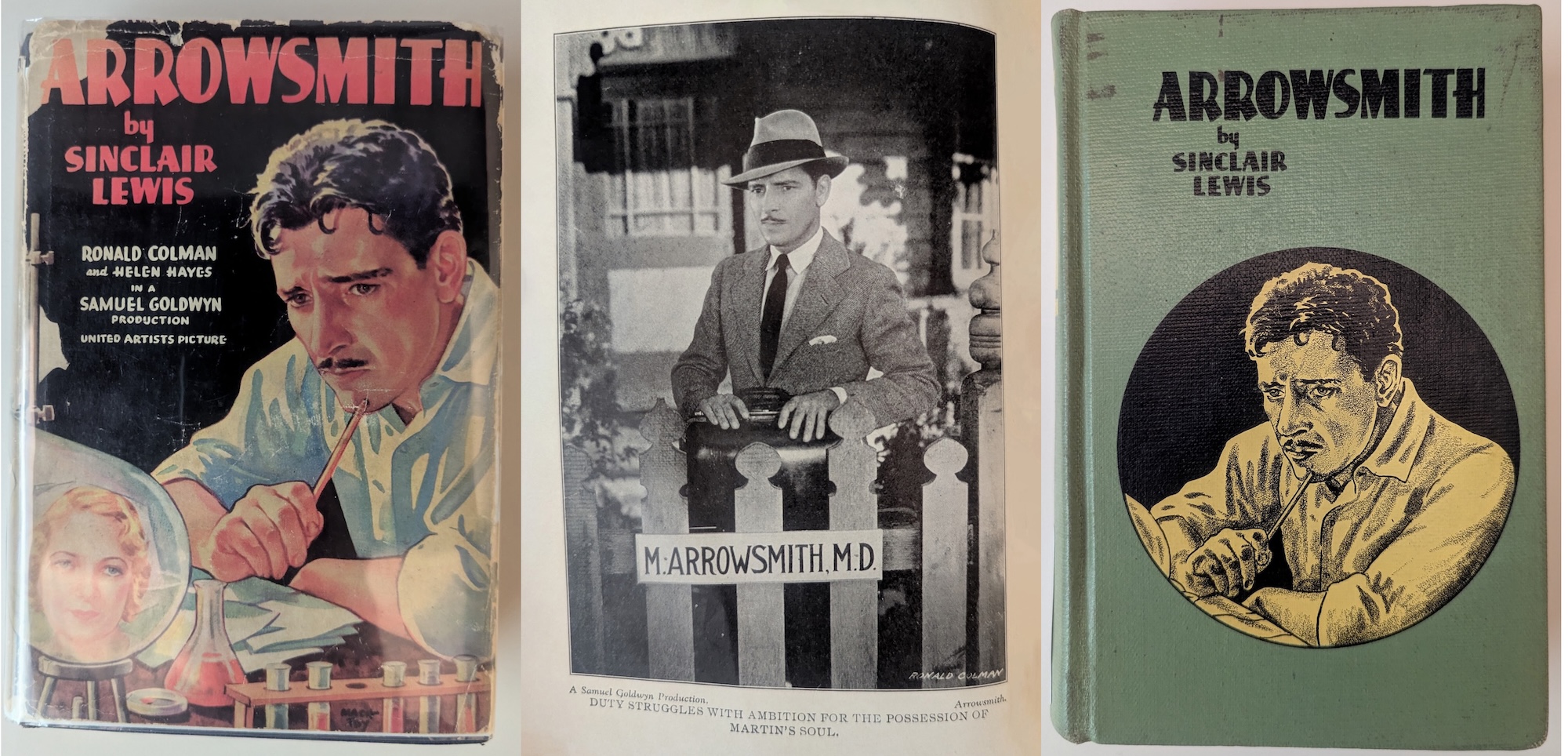 2 books covers and a movie still from the book turned movie Arrowsmith