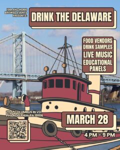Drink the Delaware poster showing a tugboat and the Ben Franklin Bridge