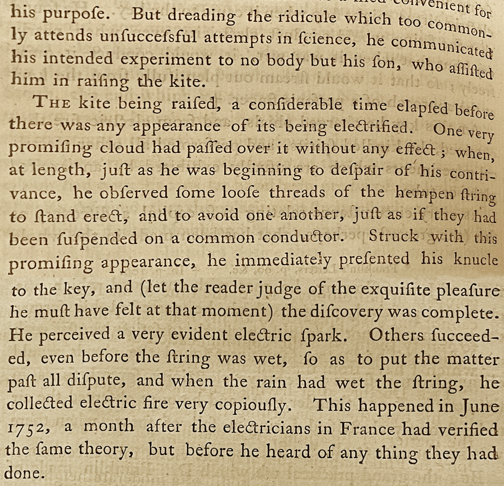 Composite image of a passage from Jospeh Priestley’s 1765 book The History and Present State of Electricity