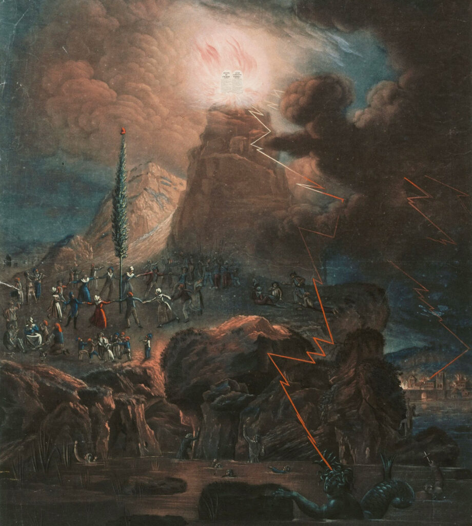 Painting of a mountain with lightning emanating from two tablets at its peak. Dark clouds surround the mountain, and people are visible dancing in a circle around a tree at the base. A dark body of water and a sea monster are visible in the foreground.